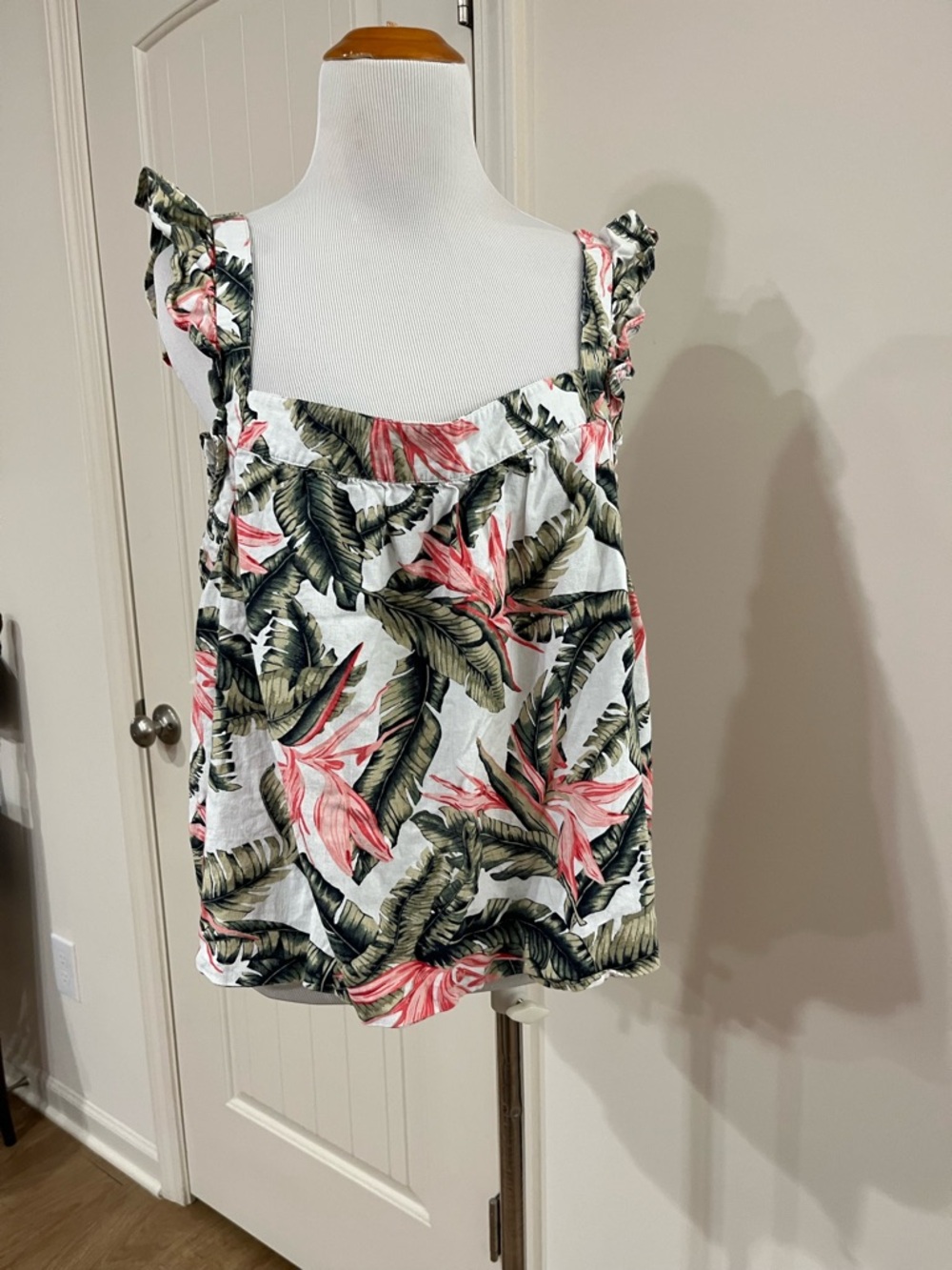 LOFT White Floral Ruffle Strap Tank Top with Pink & Green